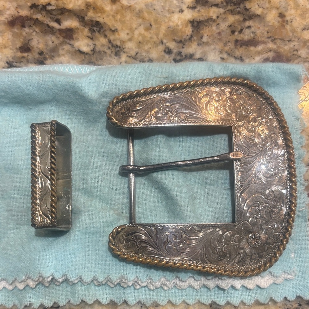 Montana Ornate Engraved Western Buckle Set in Silver Tone